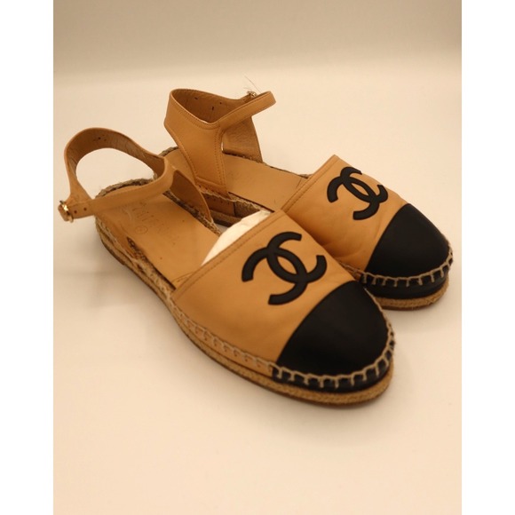 CHANEL Shoes - Chanel Classic Beige Black Leather Espadrille Ankle Strap Sandals Size 8